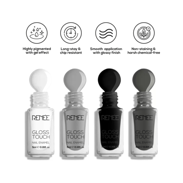 Renee Gloss Touch N01 Classic Monochrome - Set of 4 Nail Enamels, 5ml each   (Pack of 4) - Image 3