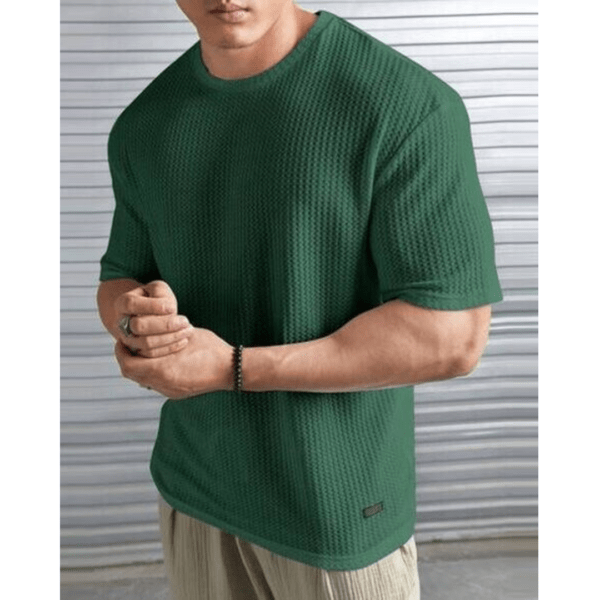 Elvesta Self-Design Round Neck Cotton Blend Green T-Shirt for Men
