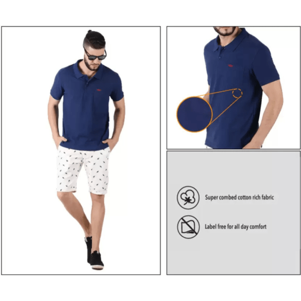 Force NXT Solid Blue Polo Neck Cotton T-Shirt for Men - Image 5