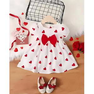 Baby Girls Heart Printed Puff Sleeves & Flare Dress