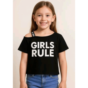 Girls Printed Black One-Shoulder Crop Top