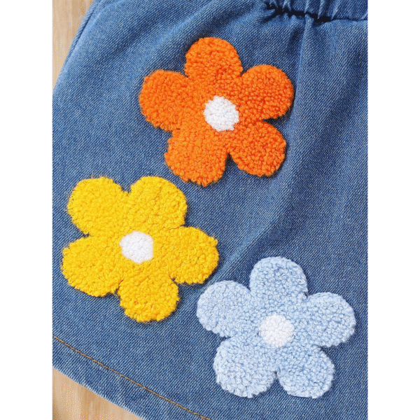Baby Girls Floral Embroidered Crew Neck Top and Denim Shorts Set - Image 4