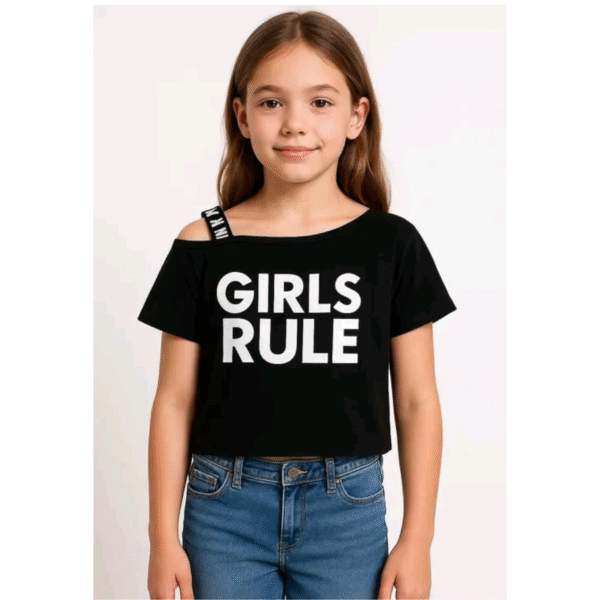 Girls Printed Black One-Shoulder Crop Top - Image 2