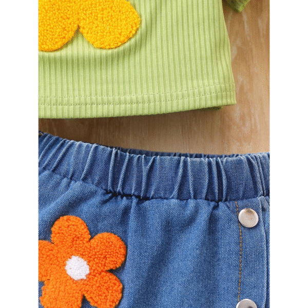 Baby Girls Floral Embroidered Crew Neck Top and Denim Shorts Set - Image 5