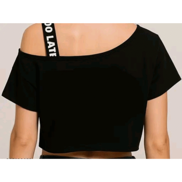 Girls Printed Black One-Shoulder Crop Top - Image 3