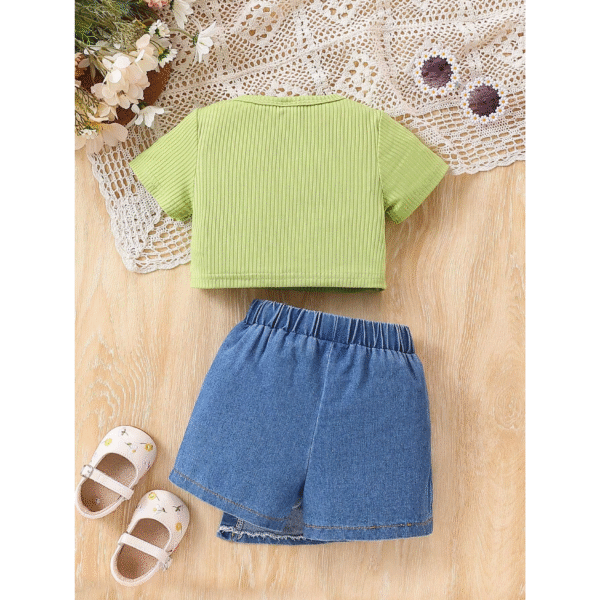 Baby Girls Floral Embroidered Crew Neck Top and Denim Shorts Set - Image 2