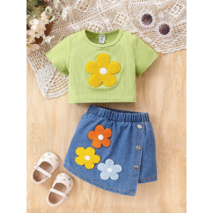 Baby Girls Floral Embroidered Crew Neck Top and Denim Shorts Set