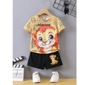 Cute Lion & Letter Print Outfit Set for Boys