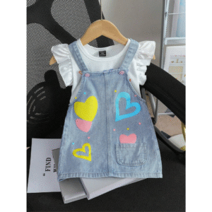 Fashion Print Denim Suspender Skirt Set for Baby Girl
