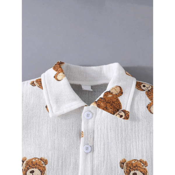 Boys Cotton Printed Toddler Teddy Bear Print Summer Outfit, White Shirt and Shorts set - Image 3