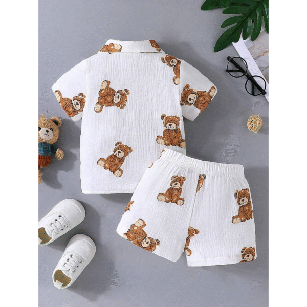 Boys Cotton Printed Toddler Teddy Bear Print Summer Outfit, White Shirt and Shorts set - Image 2