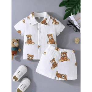Boys Cotton Printed Toddler Teddy Bear Print Summer Outfit, White Shirt and Shorts set